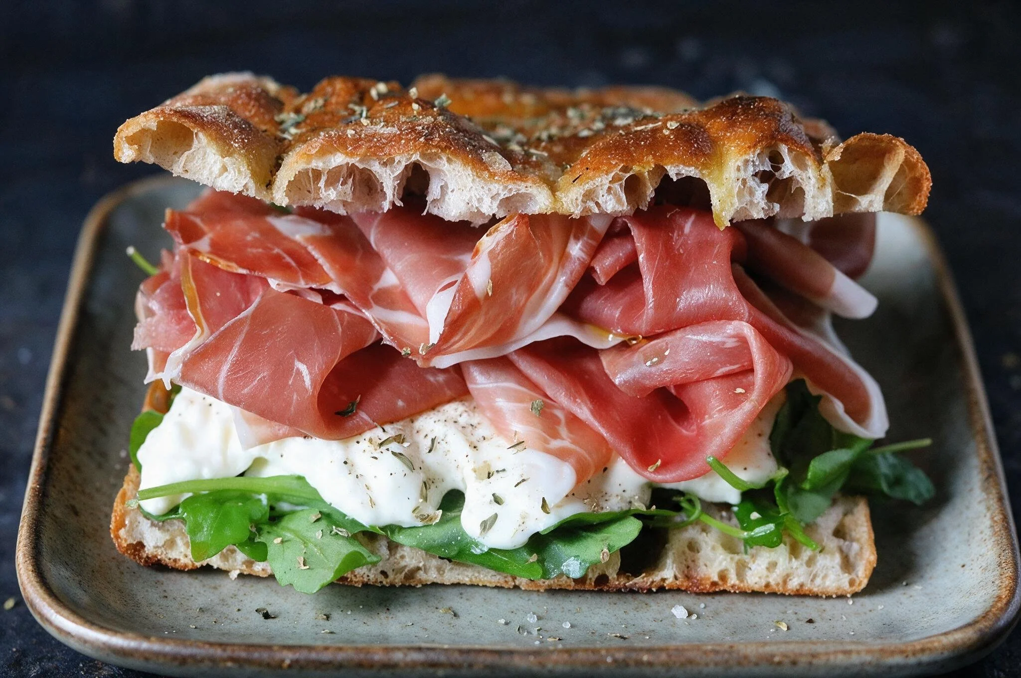 Close-up of an open-faced focaccia with parma ham, rocket salad, creamy cheese , on a square plate grey