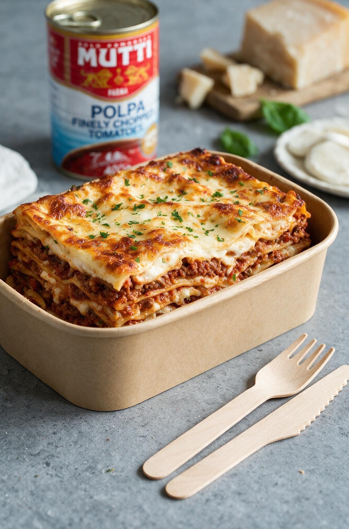 A meal of baked lasagna topped with melted cheese and chopped herbs in a beige takeout container. In the background, there is a can of Mutti finely chopped tomatoes, a block of Parmesan cheese, fresh basil leaves, and a plate of sliced mozzarella che