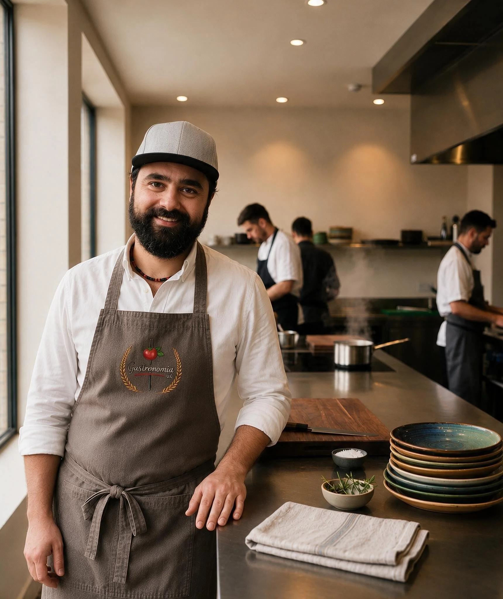 Smiling man wearing a beige chef hat and apron standing in a modern kitchen with stacked plates, bowls, a salt shaker, and a small plant on a wooden counter.