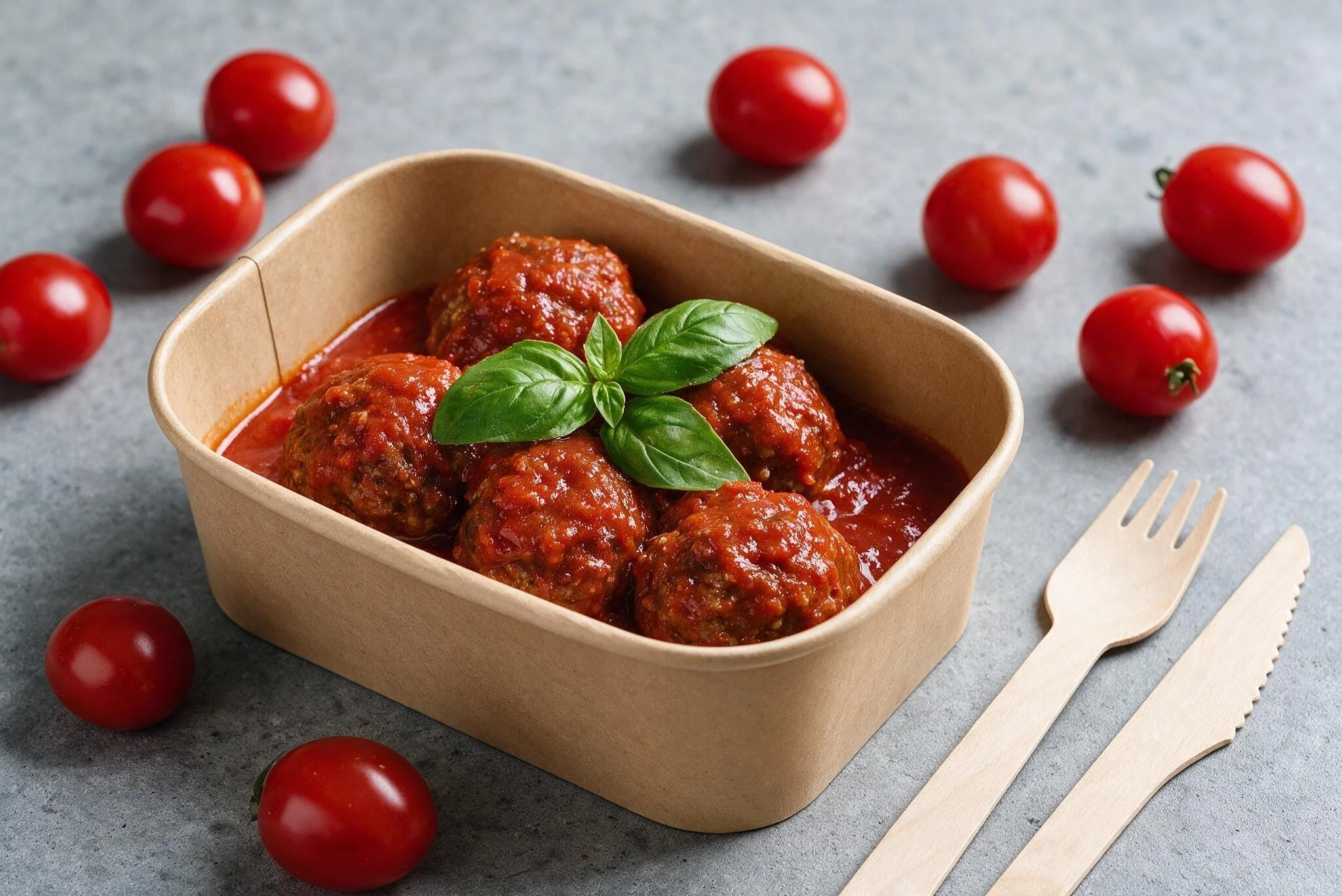 A takeout container with meatballs in tomato sauce, garnished with basil leaves, on a gray surface with cherry tomatoes and wooden forks around it.
