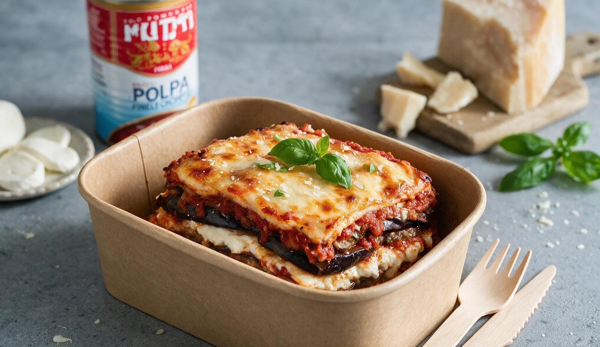 A rectangular brown takeout container holding a layered parmesan with melted cheese and basil garnish. Background includes a can of fine chopped tomatoes, a small bowl of mozzarella balls, slices of Parmesan cheese on a cutting board, and a green bas
