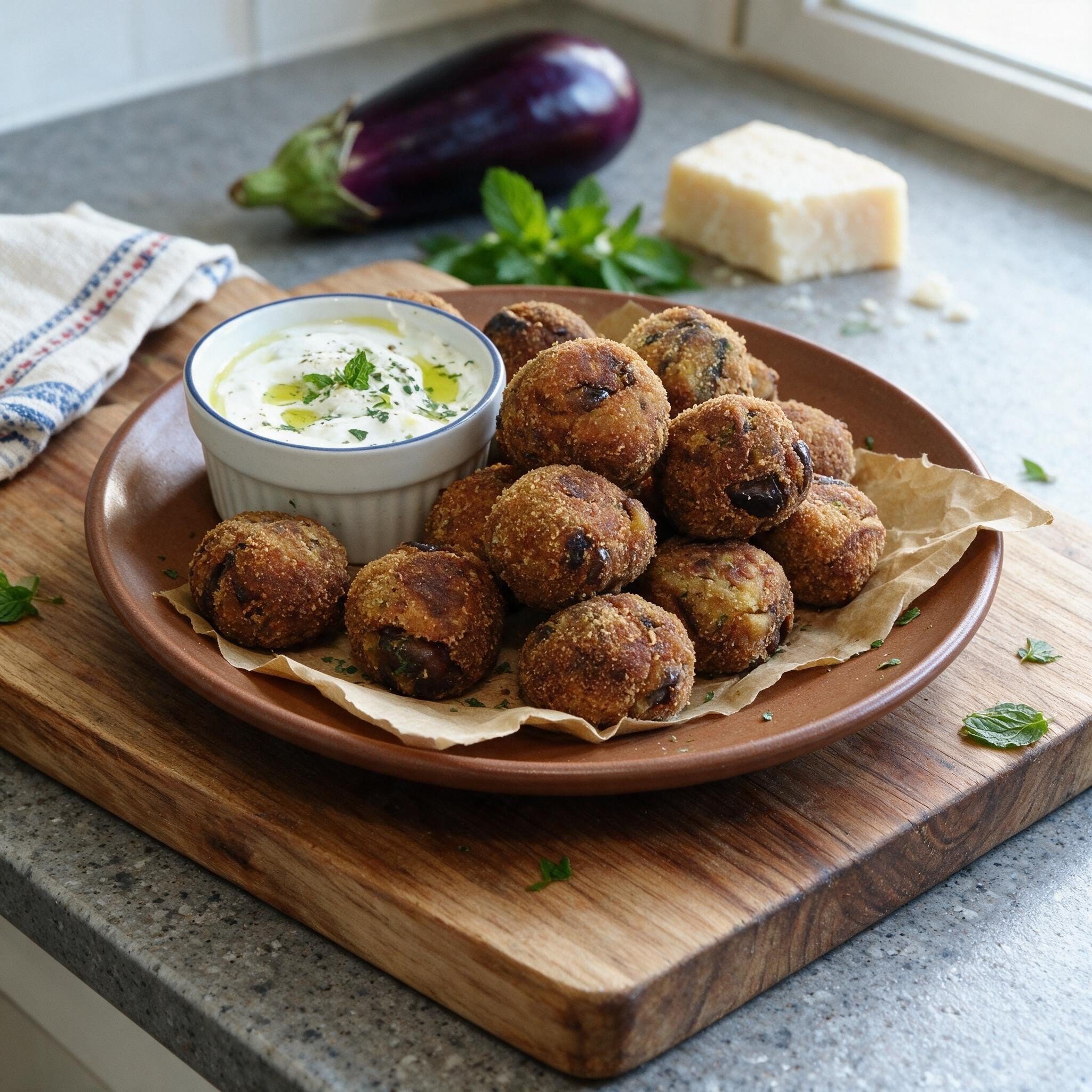 A grey modern plate filled with golden-brown aubergine balls accompanied by a small bowl of creamy white dipping sauce, placed on a wooden cutting board on a grey countertop, with an aubergine, fresh herbs, and a Parmesan cheese in the background.