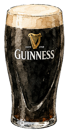 A pint glass filled with dark Irish stout beer, topped with a foamy head, featuring the Guinness logo and harp emblem on the glass.