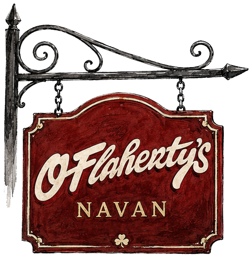 A hanging sign for O Flaherty's Navan with a red background and white lettering, attached to a black metal bracket.