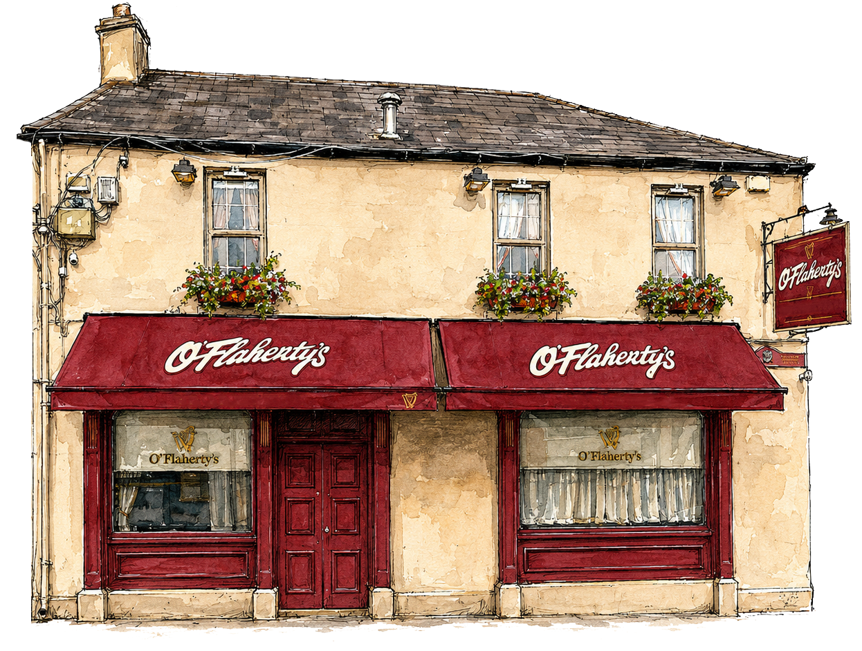 Illustration of a two-story Irish pub with beige walls, red awnings, and flower boxes on the windows. Sign reads "O'Flaherty's".