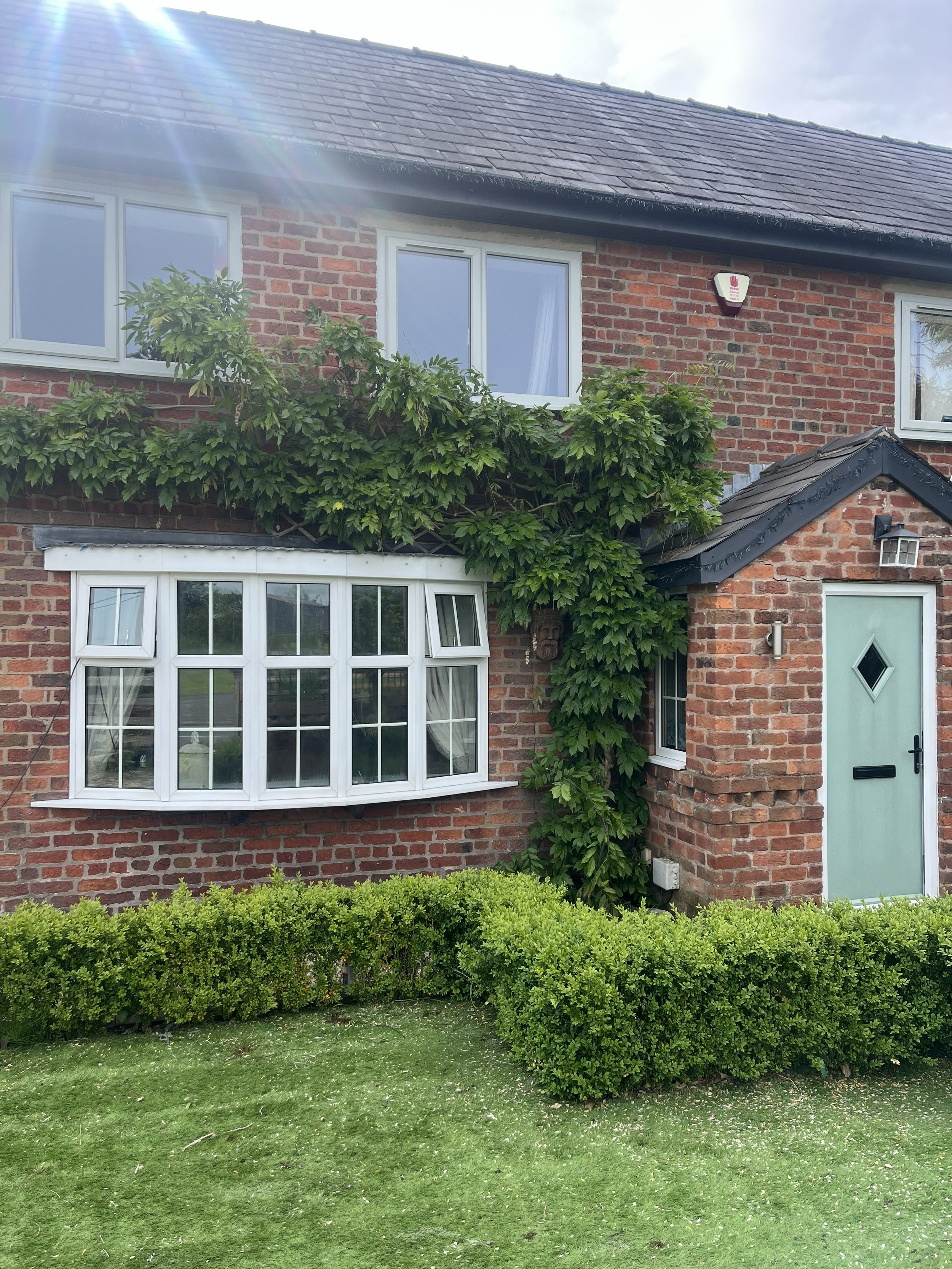 A brick house with white framed windows, green plants climbing the exterior, a neatly trimmed green hedge in front, and a green door with a diamond-shaped window. The sky is partly cloudy with sunlight creating a lens flare effect.