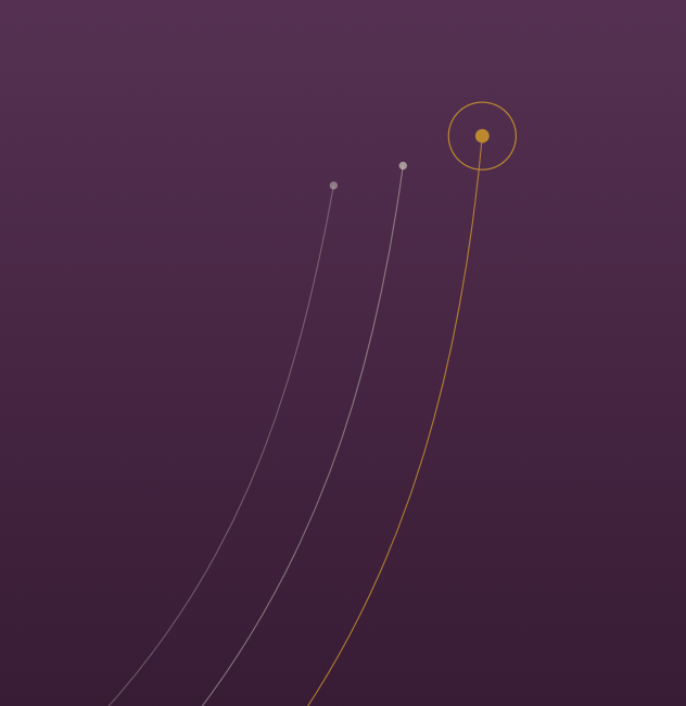 A digital illustration featuring three curved lines and a circle with a dot inside, set against a dark purple background, representing an abstract concept or data visualization.