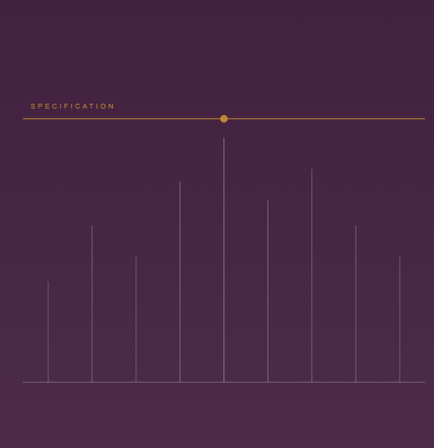 A dark purple background with a thin horizontal yellow line labeled 'SPECIFICATION' and a yellow dot. Below, there are multiple vertical white lines of varying heights, arranged in a pattern.
