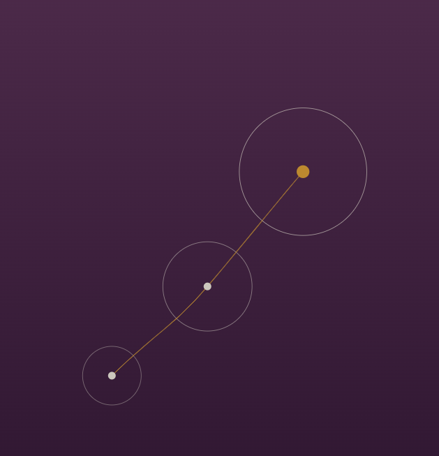 A digital illustration showing three circles with dots inside, connected by a diagonal line, against a dark purple background.