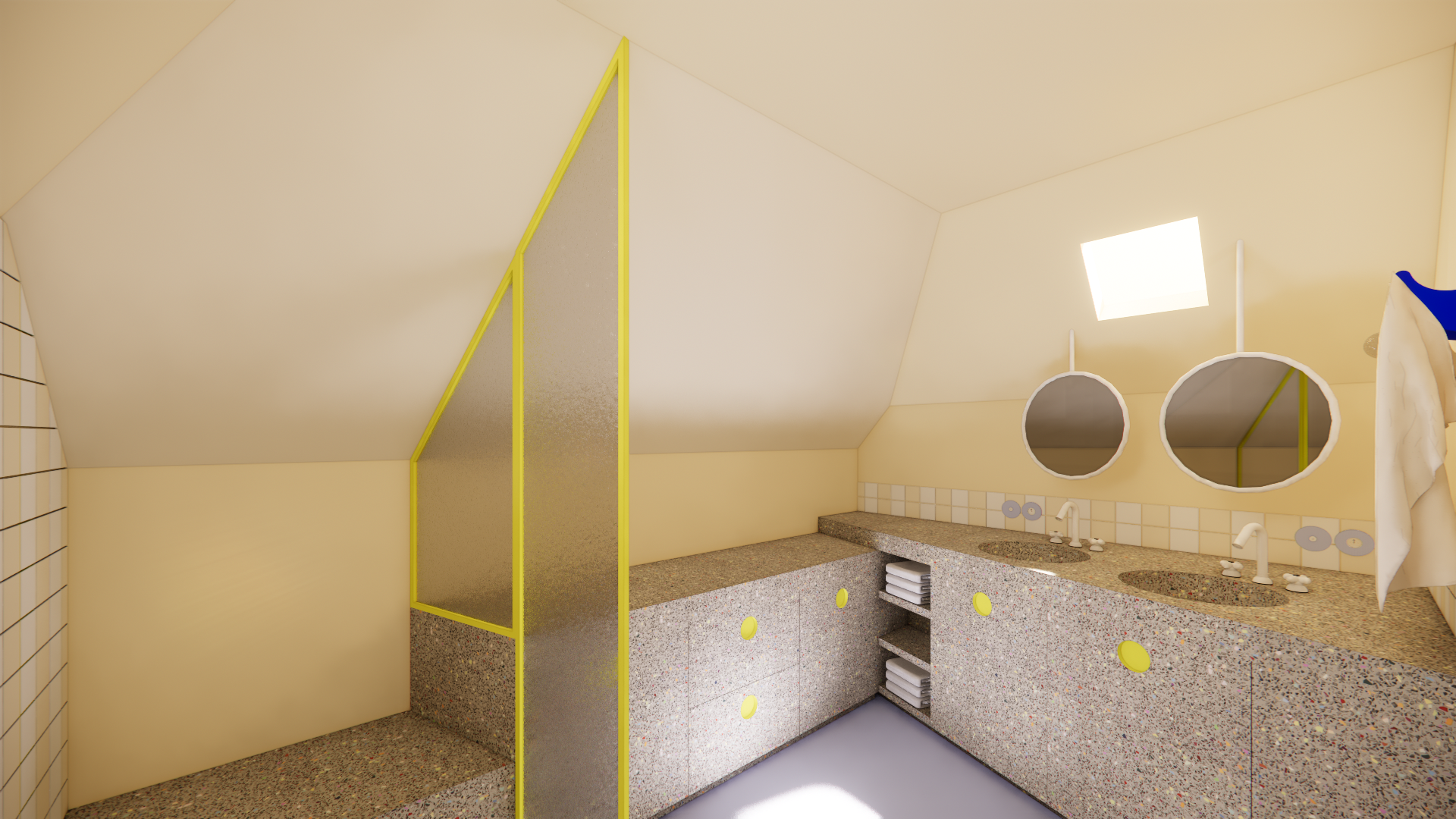 Renovatieproject van zolder naar badkamer. Afgewerk in gietvloer, dubbele douche, stalen ramen, Winckelmans tegels, zee vibes voor een surfer. StudioImani_1