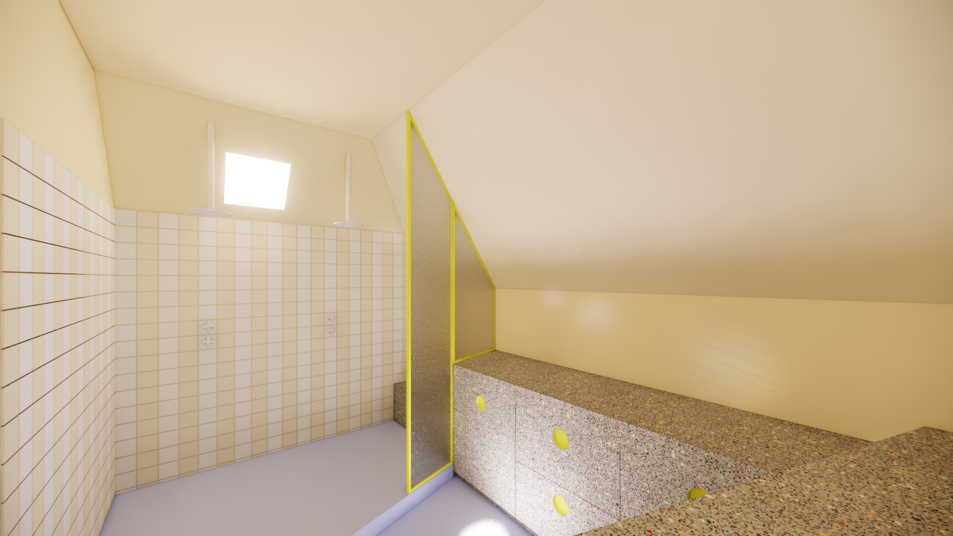 Renovatieproject van zolder naar badkamer. Afgewerk in gietvloer, dubbele douche, stalen ramen, Winckelmans tegels, zee vibes voor een surfer. StudioImani_4