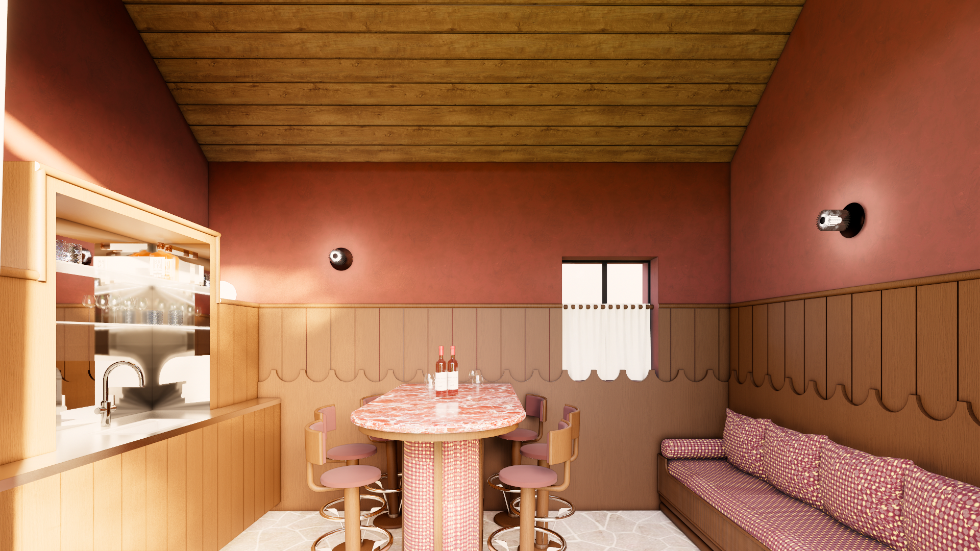 Bar op maat voor poolhouse, afgewerkt in notelaar, natuursteen, lambrisering, spiegel, glazen legger, inox werkblad en stuc op de muren. Oude kroeg vibes in een vernieuwend jasje. StudioImani_OK_Bar_3