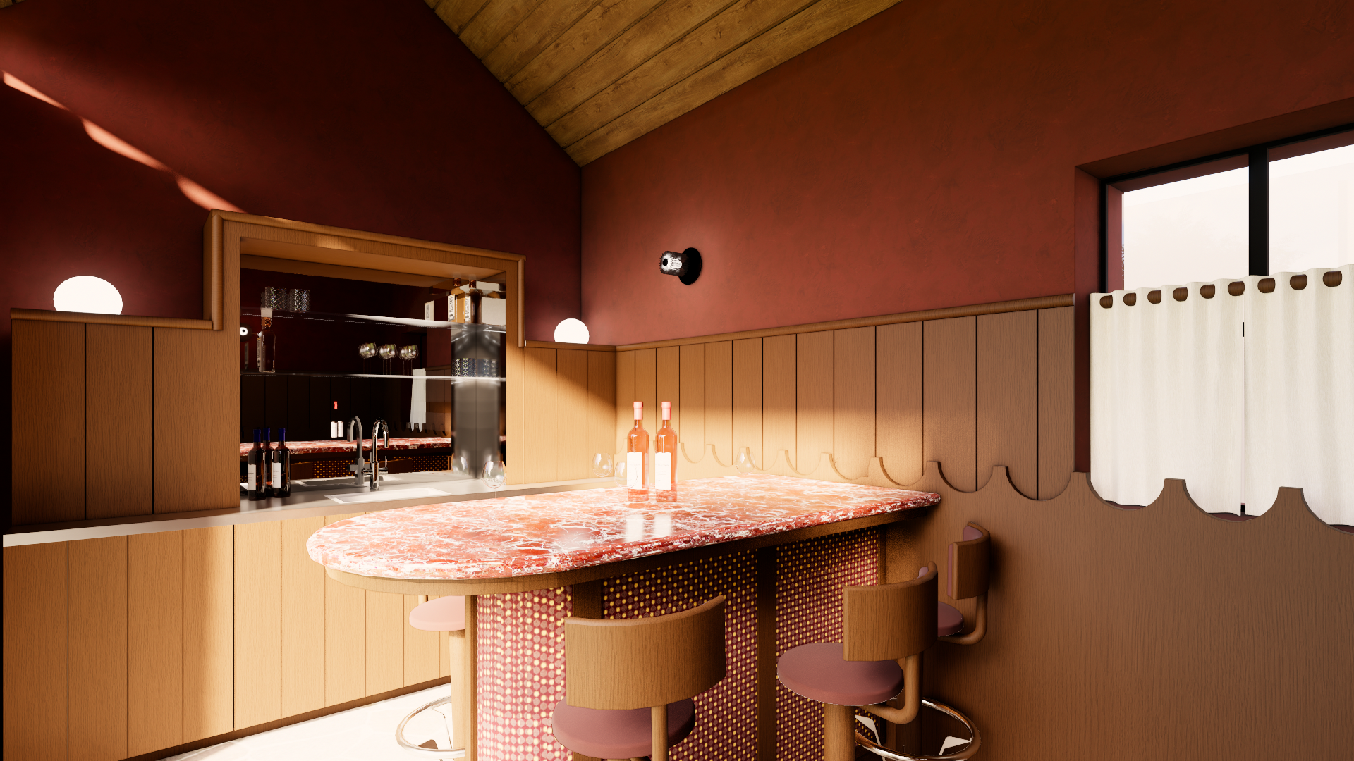 Bar op maat voor poolhouse, afgewerkt in notelaar, natuursteen, lambrisering, spiegel, glazen legger, inox werkblad en stuc op de muren. Oude kroeg vibes in een vernieuwend jasje. StudioImani_OK_Bar_1