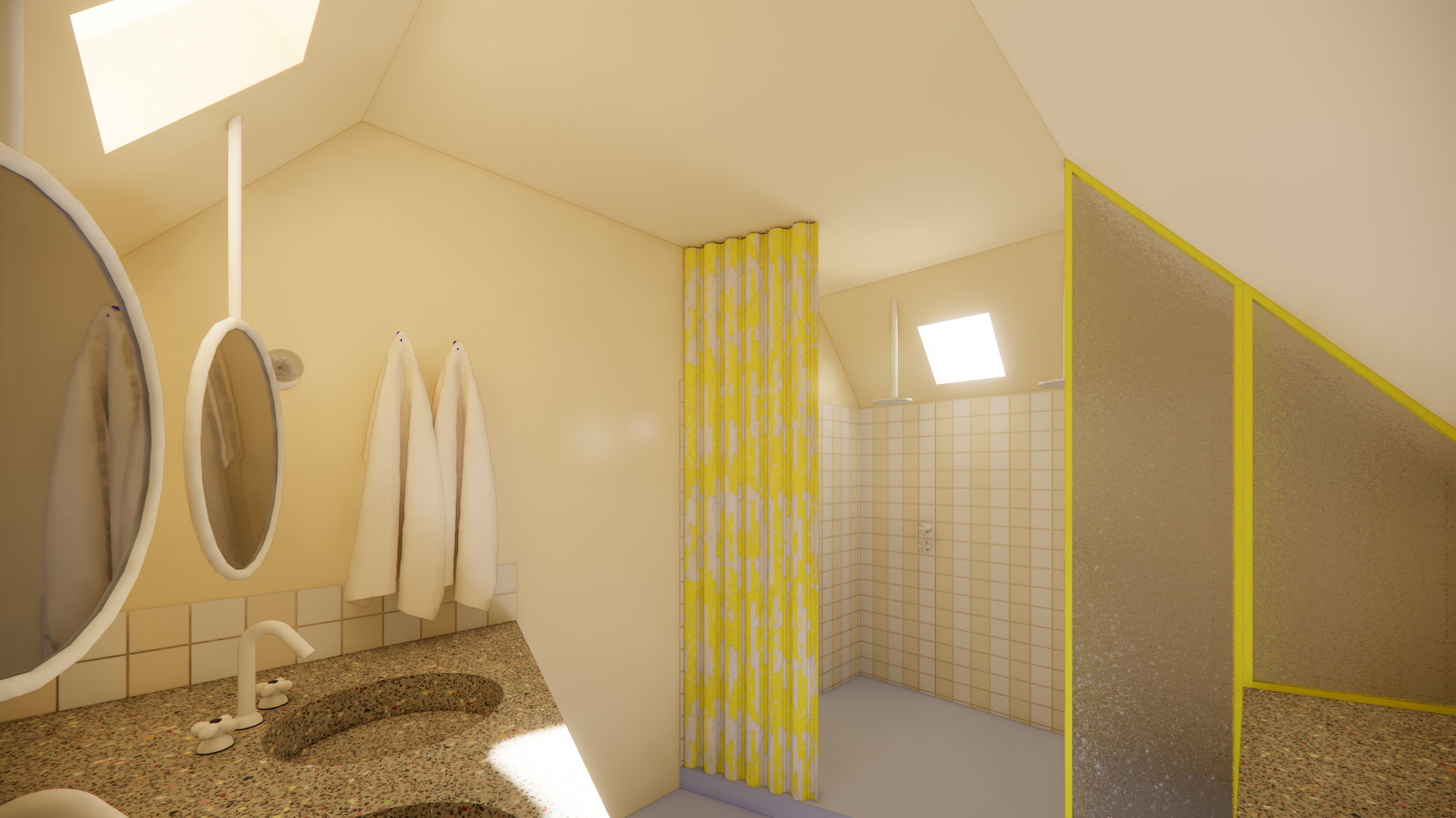 Renovatieproject van zolder naar badkamer. Afgewerk in gietvloer, dubbele douche, stalen ramen, Winckelmans tegels, zee vibes voor een surfer. StudioImani_5