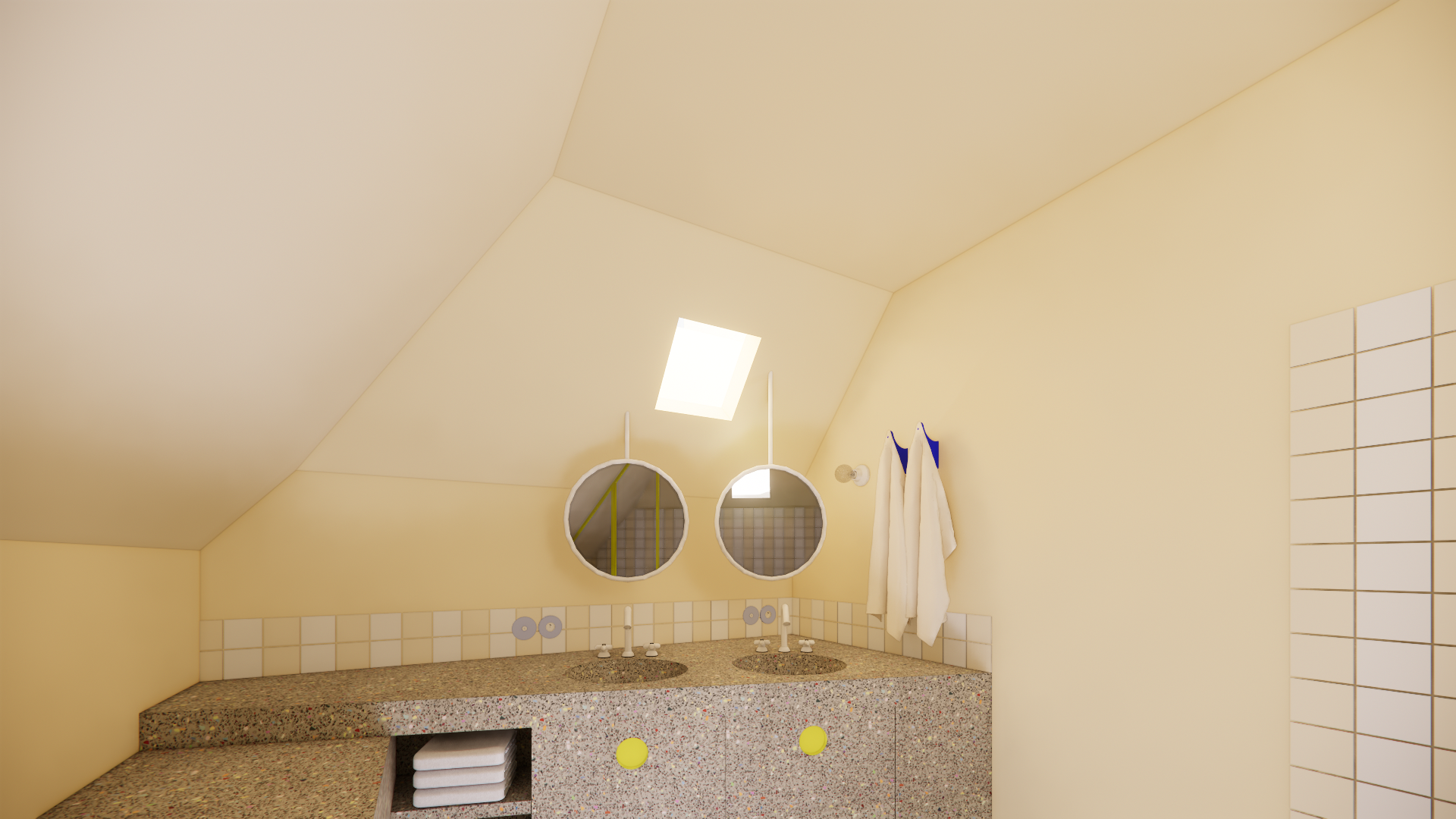 Renovatieproject van zolder naar badkamer. Afgewerk in gietvloer, dubbele douche, stalen ramen, Winckelmans tegels, zee vibes voor een surfer. StudioImani_2