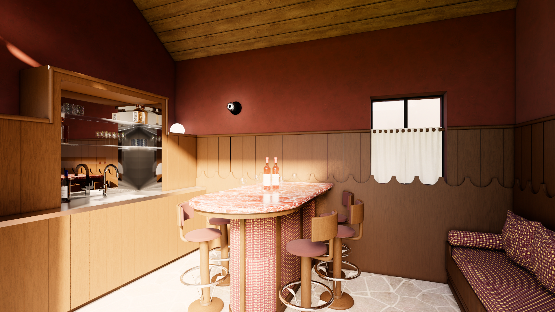 Bar op maat voor poolhouse, afgewerkt in notelaar, natuursteen, lambrisering, spiegel, glazen legger, inox werkblad en stuc op de muren. Oude kroeg vibes in een vernieuwend jasje. StudioImani_OK_Bar_2