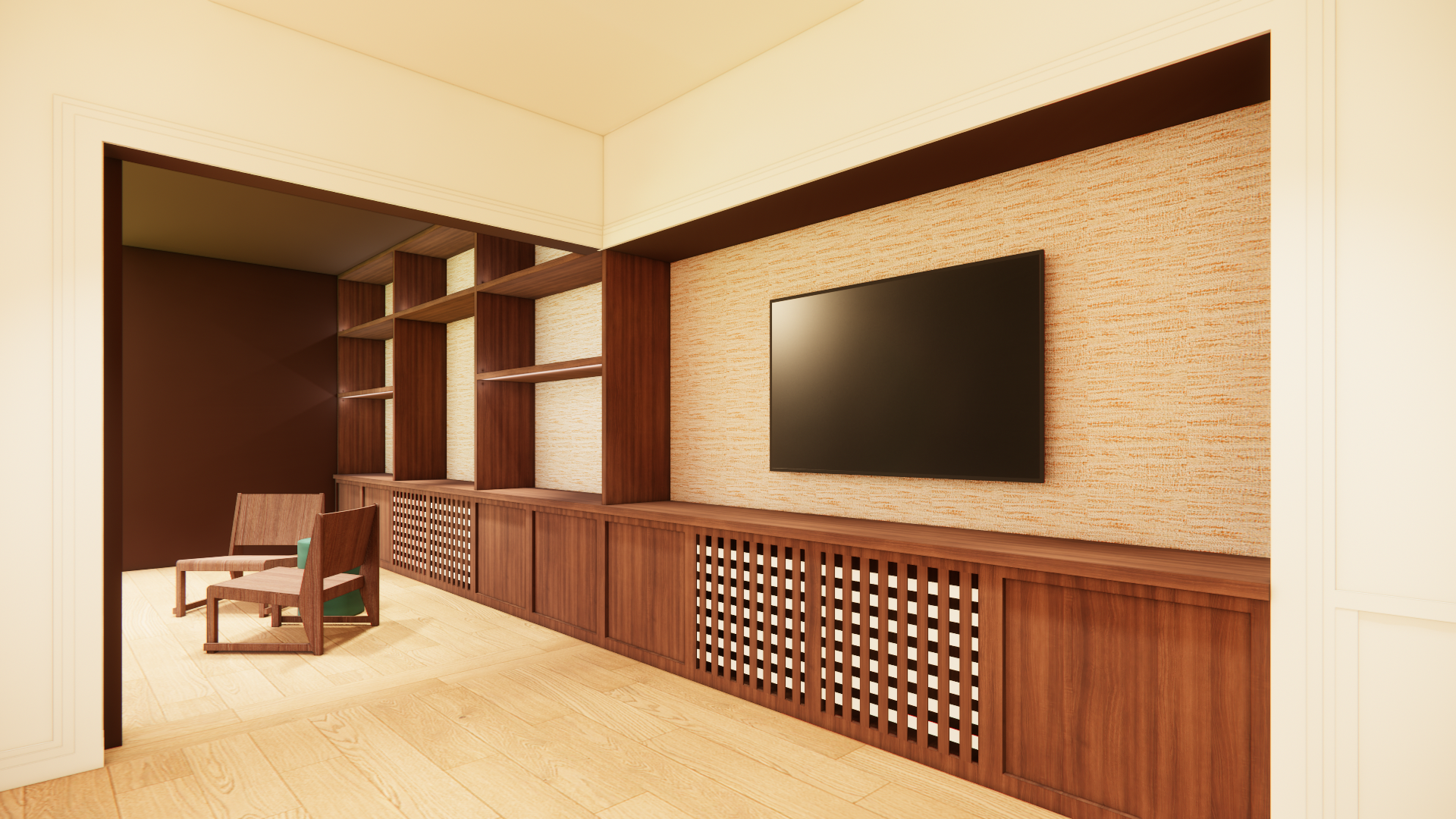 Renovatieproject met bar in notelaar, kathedraalglas in living. Tijdloos design met een funky touch. Wijnbar/ wijnkast. In Combinatie met de Boris lampen. Spatwand en bartablet in tegels. StudioImani_OK_Renovatie_5