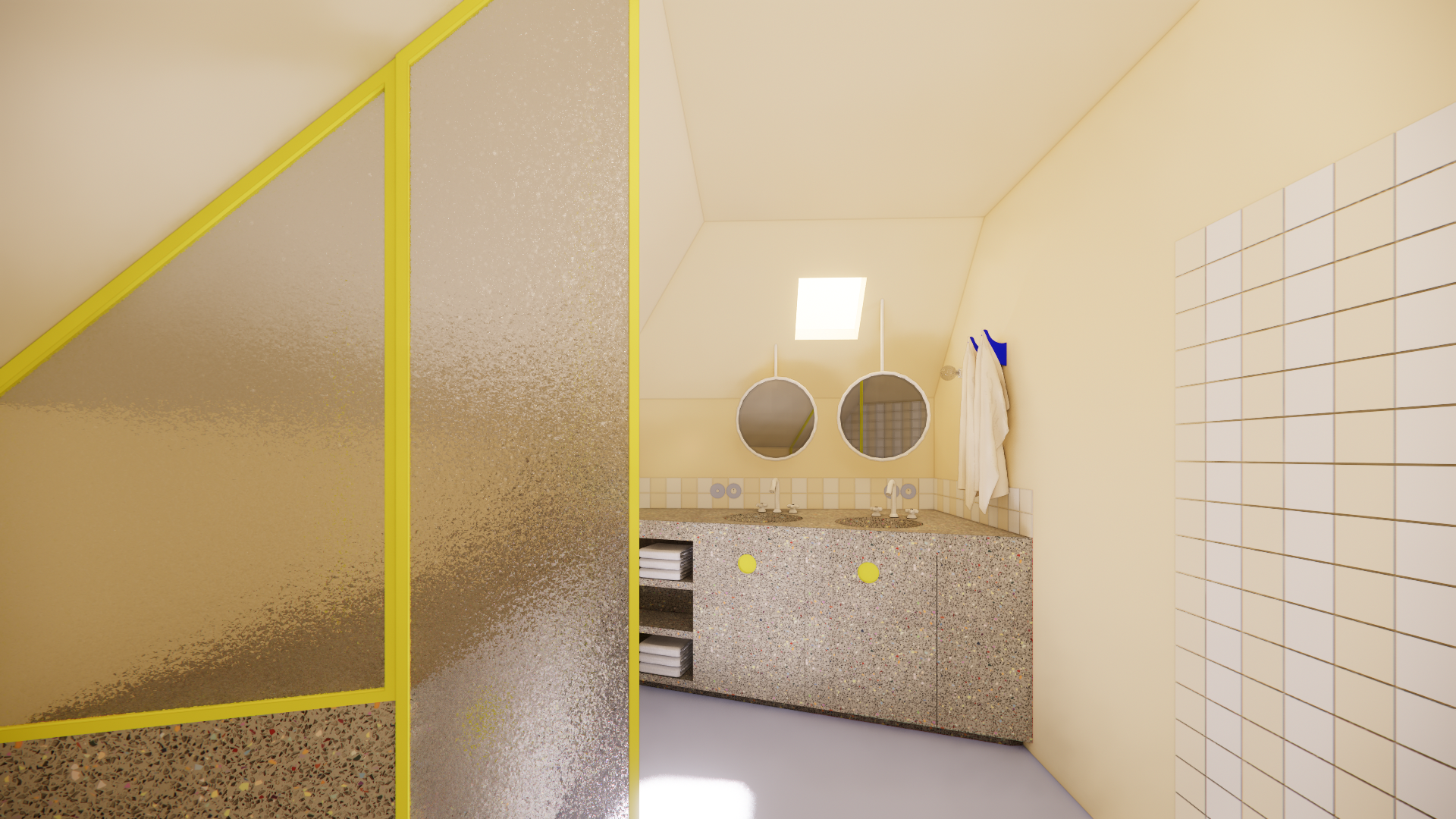 Renovatieproject van zolder naar badkamer. Afgewerk in gietvloer, dubbele douche, stalen ramen, Winckelmans tegels, zee vibes voor een surfer. StudioImani_3