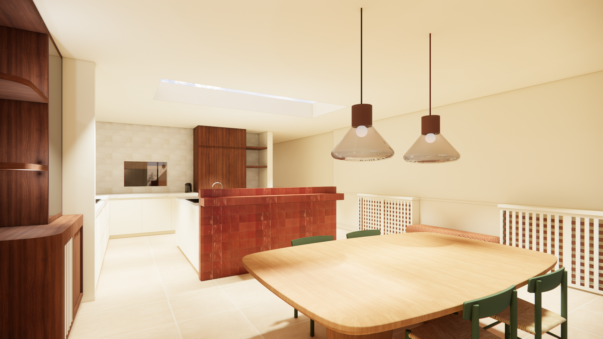 Renovatieproject met bar in notelaar, kathedraalglas in living. Tijdloos design met een funky touch. Wijnbar/ wijnkast. In Combinatie met de Boris lampen. Spatwand en bartablet in tegels. StudioImani_OK_Renovatie_1
