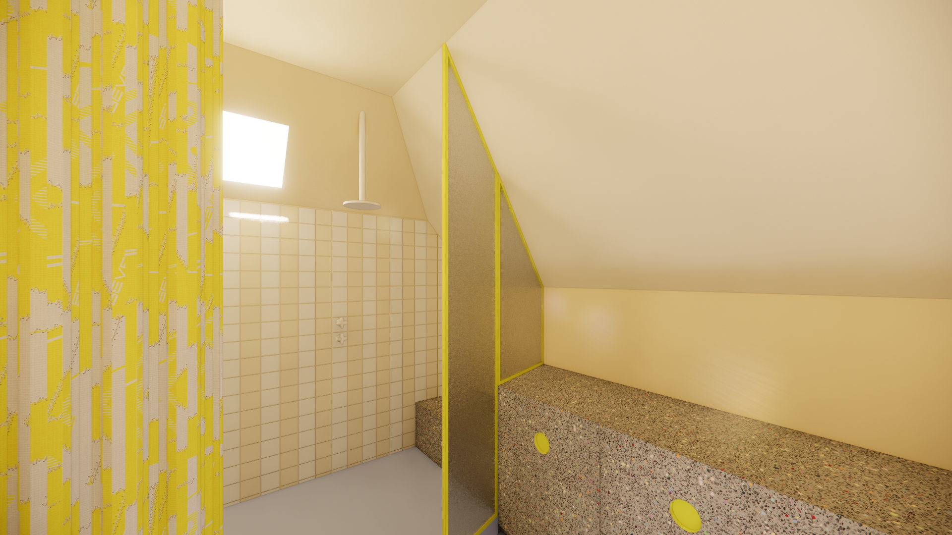 Renovatieproject van zolder naar badkamer. Afgewerk in gietvloer, dubbele douche, stalen ramen, Winckelmans tegels, zee vibes voor een surfer. StudioImani_6