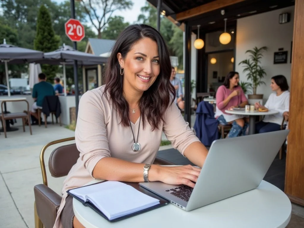 A woman with dark brown hair, wearing a beige top, sitting outdoors at a white table, smiling at the camera with a laptop and notebooks in front of her, at a cafe or restaurant with other people dining in the background.