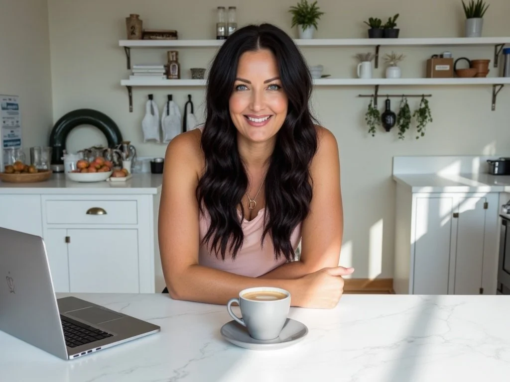 A woman with long dark hair and a pink top sitting at a kitchen counter with a coffee cup, laptop, and modern kitchen in the background.