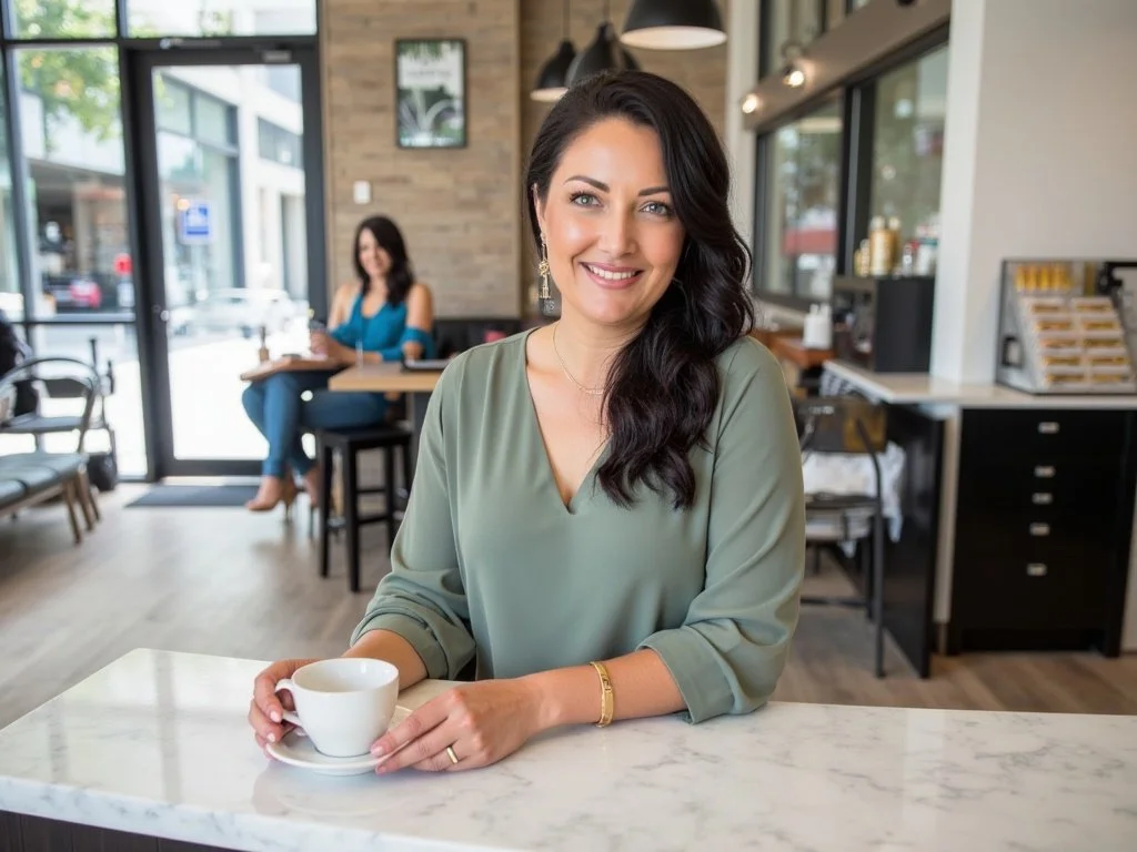 A woman with dark wavy hair, wearing a green blouse, sitting at a marble counter with a coffee cup, smiling in a modern cafe with natural light, wooden accents, and another woman in the background