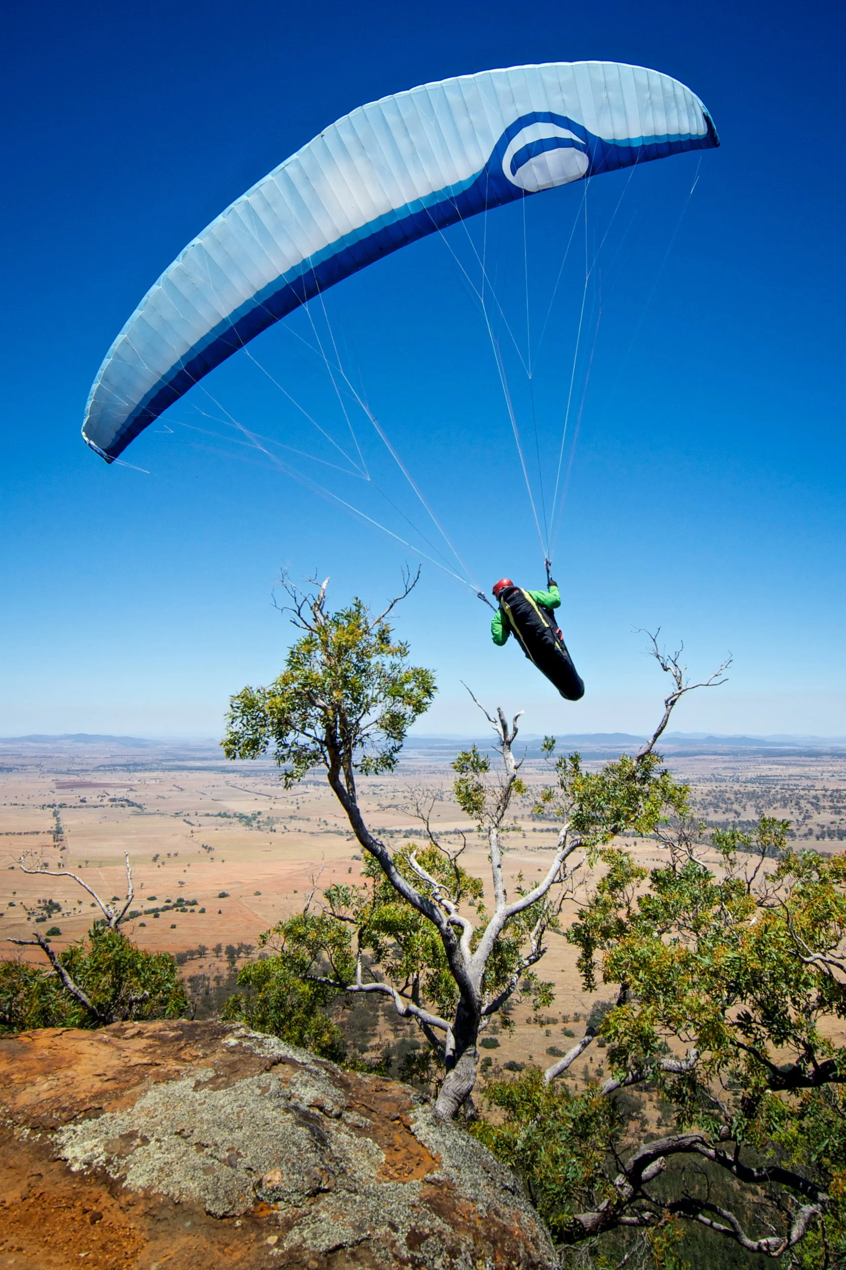 A person paragliding above a desert landscape with sparse trees and a rocky foreground, blue sky, and distant mountains.