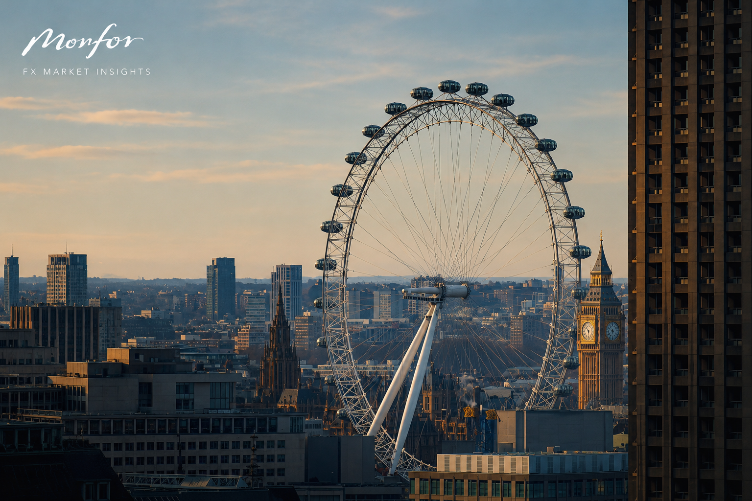 London skyline featuring the London Eye and Big Ben, with Monfor FX Market Insights branding covering the UK Budget, ECB and Federal Reserve decisions.