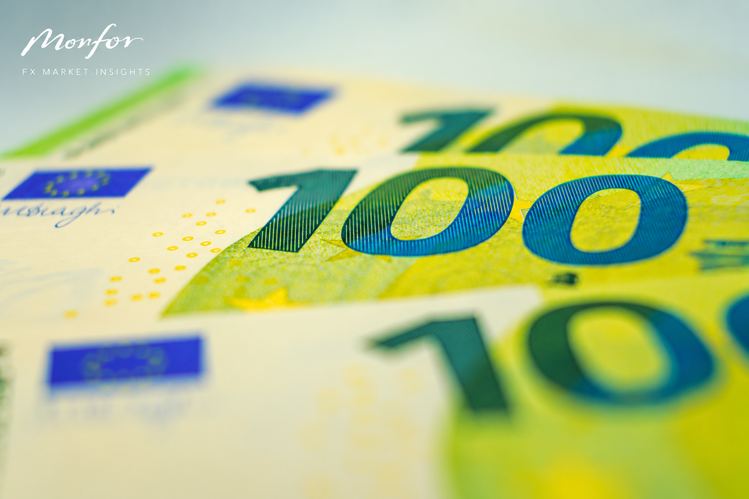 Close-up of €100 euro banknotes featuring the Monfor FX Market Insights logo, illustrating euro currency movements and sterling's rise against the euro.