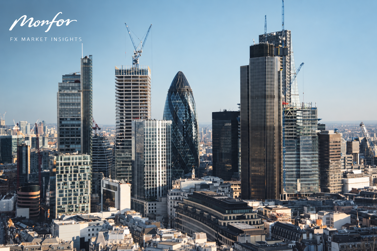 London’s iconic financial skyline, featuring the City’s modern architecture and global business district, representing international markets, finance and foreign exchange expertise from Monfor.