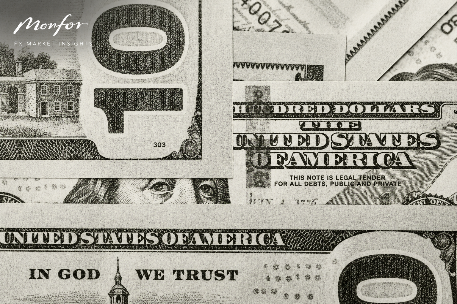 Close-up of US dollar banknotes showing intricate currency details, featuring the Monfor FX Market Insights logo in white.