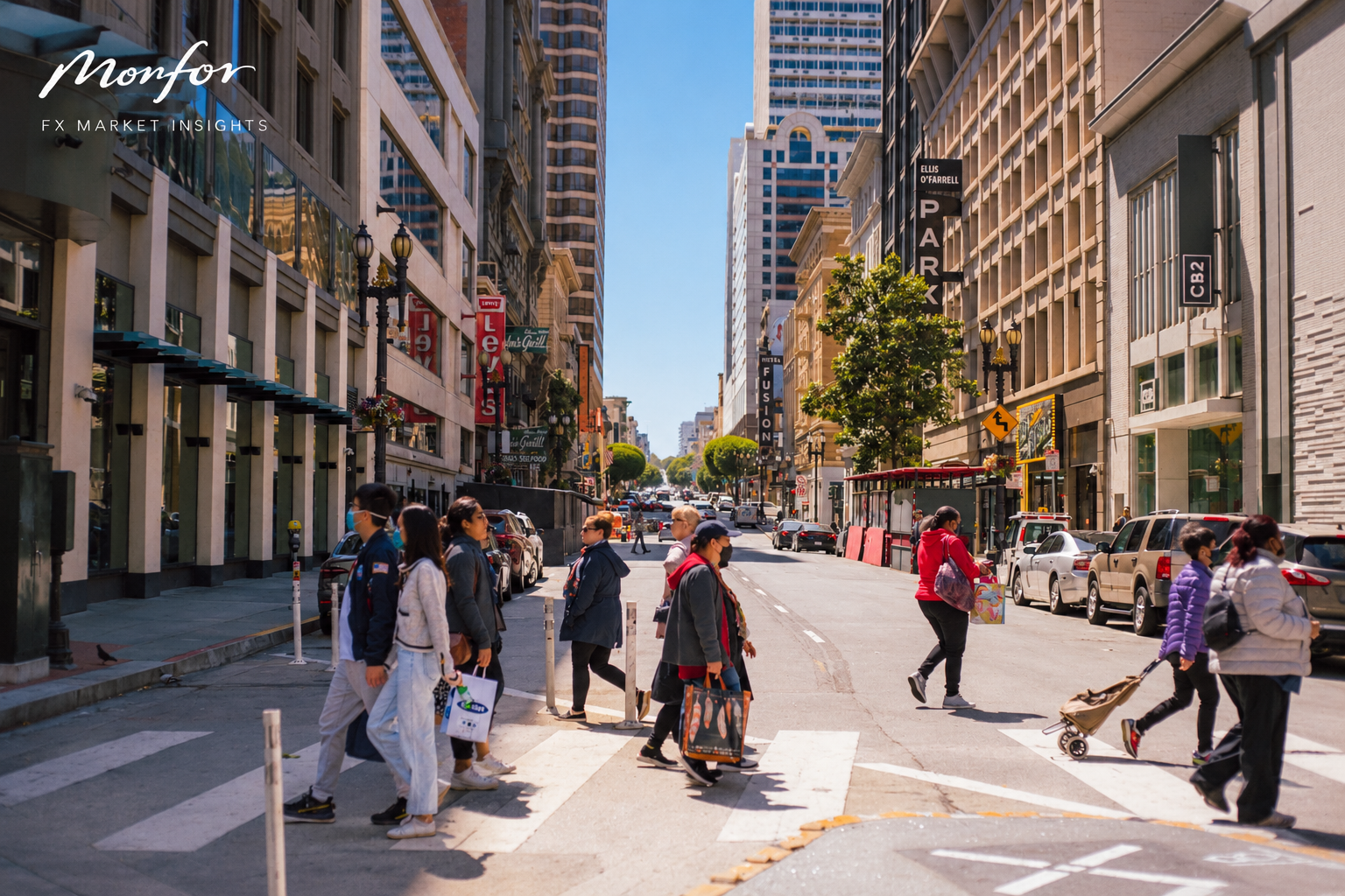 Monfor FX Market Insights: Busy city street scene featuring pedestrians crossing, accompanying analysis of US inflation, dollar strength, GBP and EUR exchange rate movements.