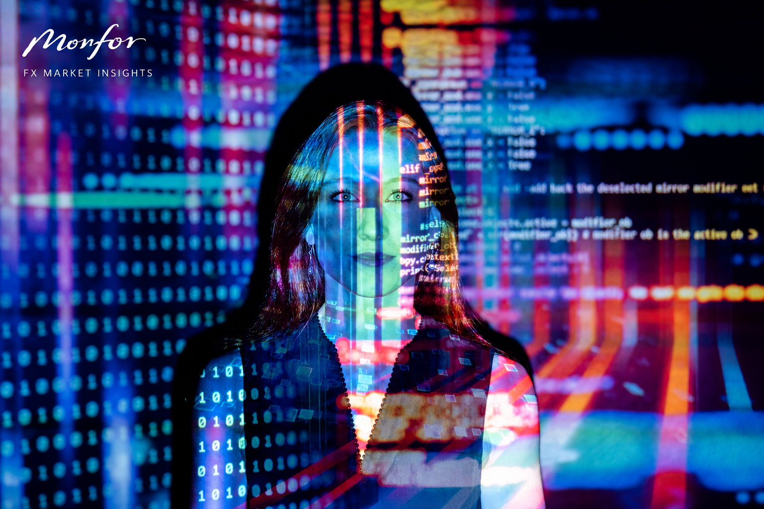 Monfor FX Market Insights image featuring a woman illuminated by digital data and AI technology, reflecting market volatility, currency movements and changing investor sentiment.