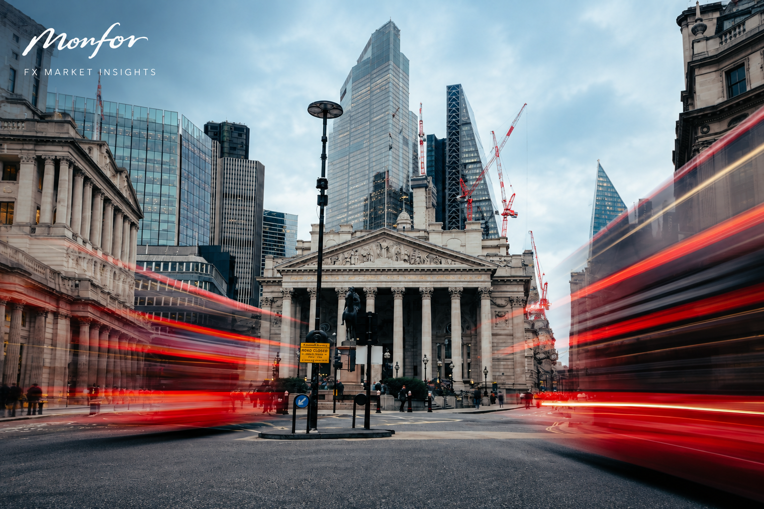 Bank of England in the City of London with red bus light trails and Monfor Market Insights branding.