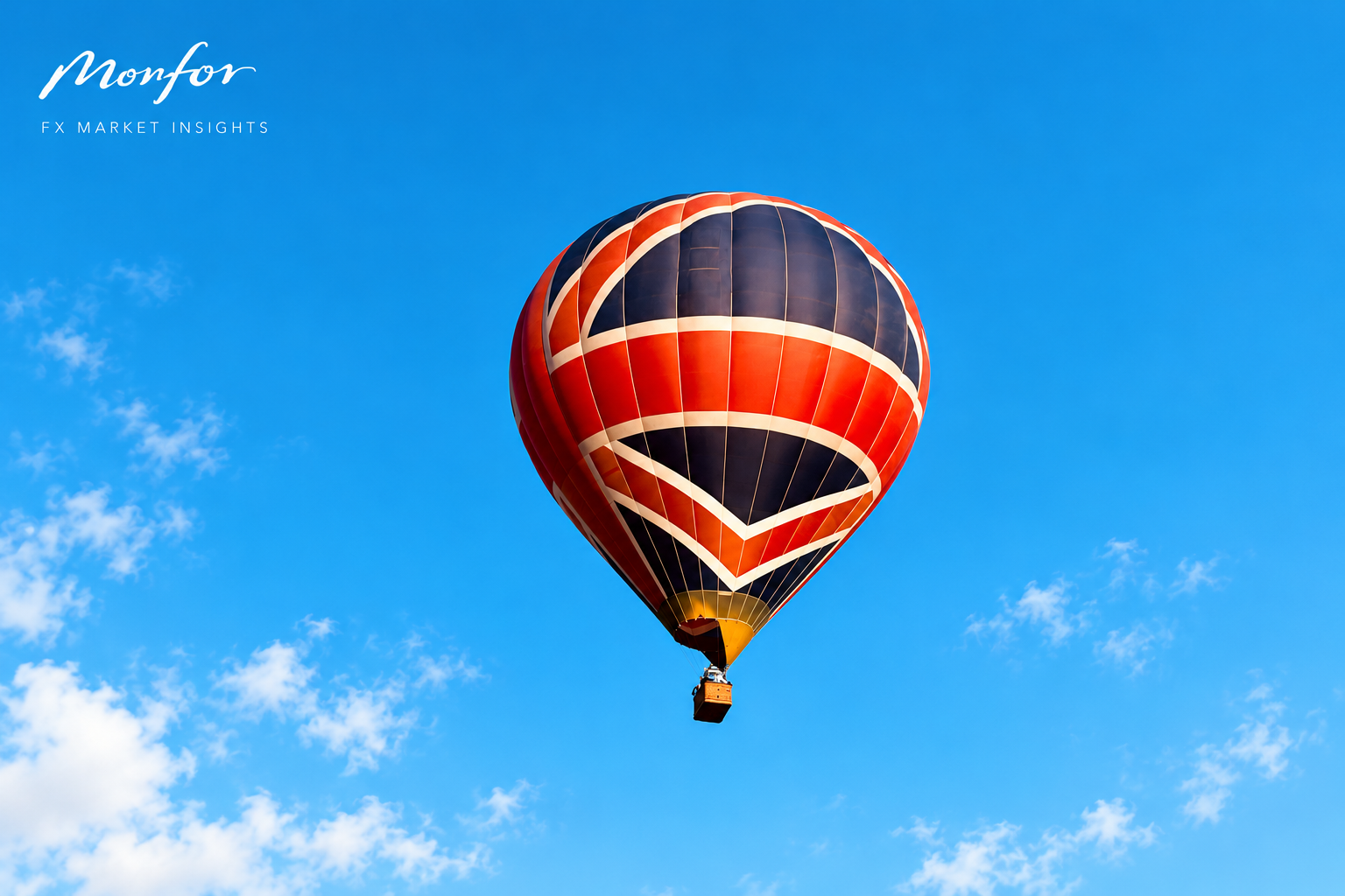 A colourful hot air balloon floats against a clear blue sky, featuring the Monfor FX Market Insights logo in white in the top-left corner.