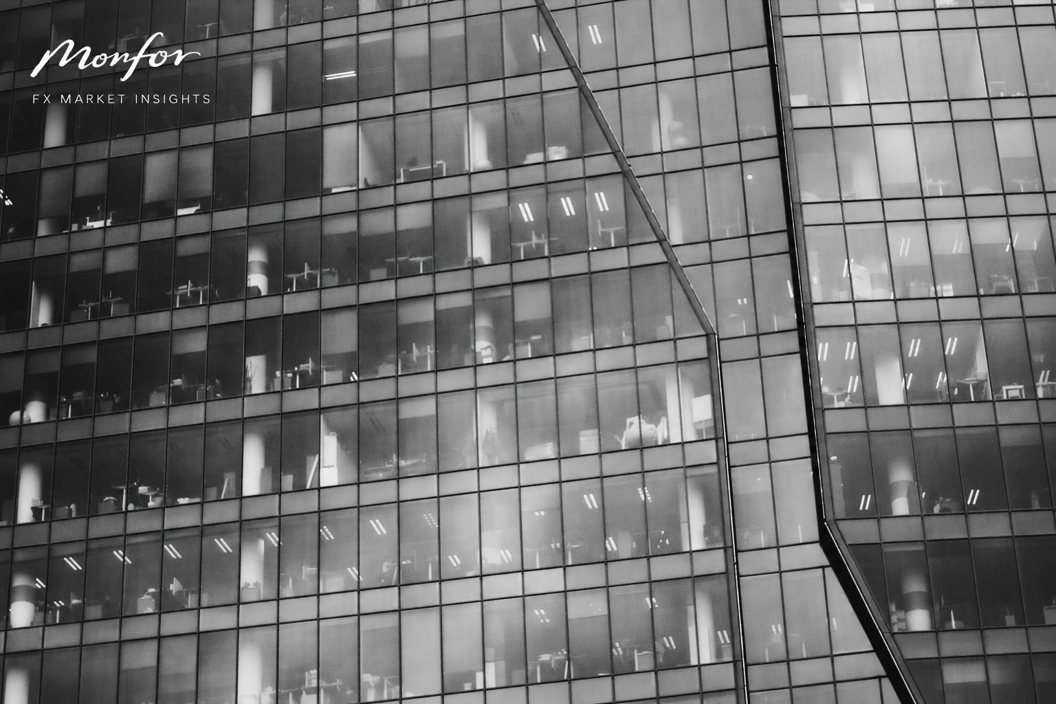 Black-and-white photograph of a modern glass office building featuring Monfor FX Market Insights branding, highlighting global currency market trends, GBP, USD and EUR exchange rate movements, and the latest forex analysis.