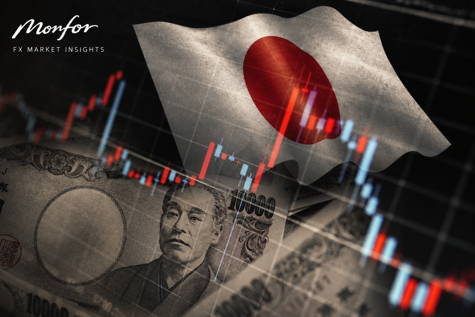 Monfor FX Market Insights featuring the Japanese flag, yen banknotes and financial market charts, representing the Japanese yen, Bank of Japan policy and movements across global foreign exchange markets.