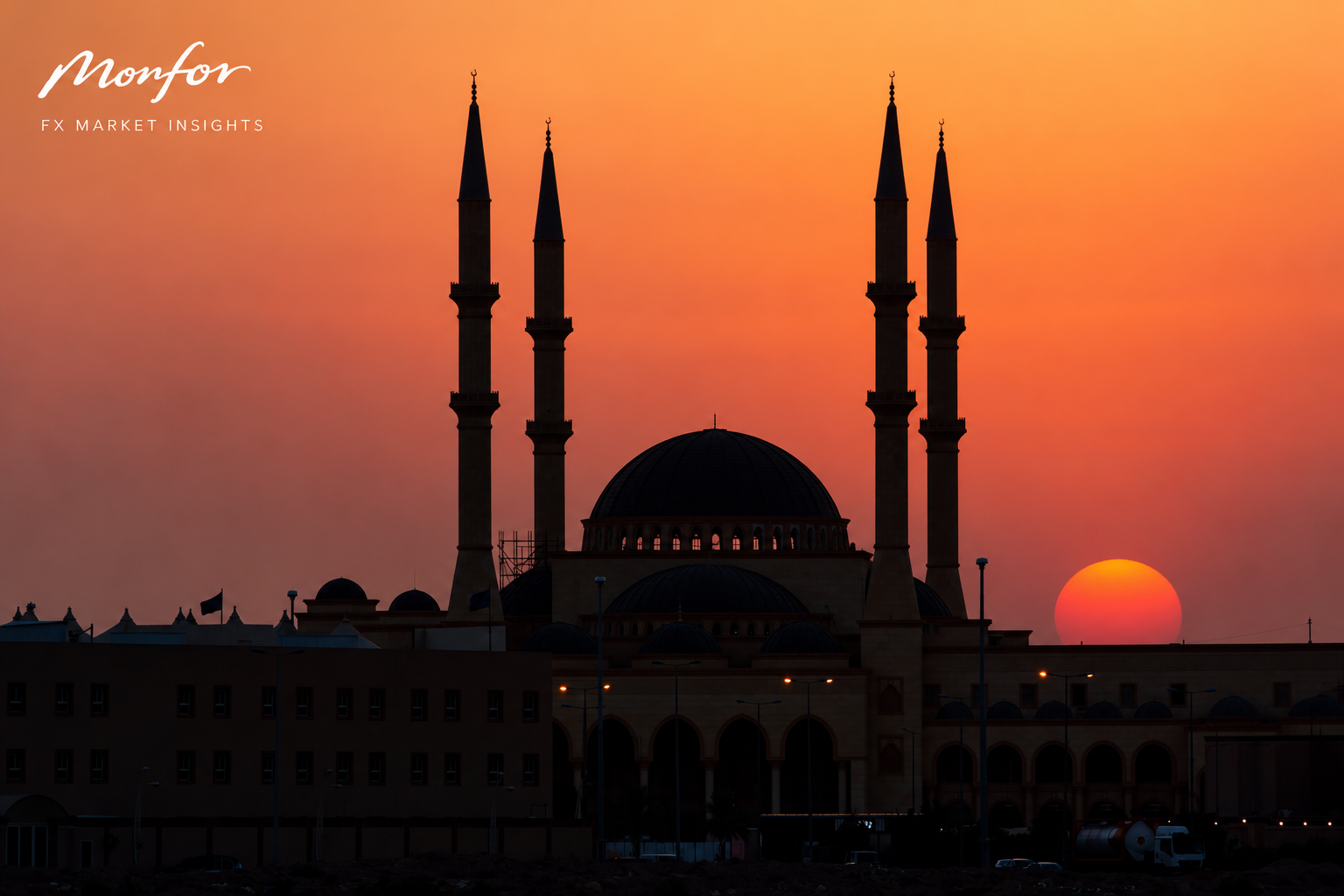 Silhouette of a Middle Eastern mosque against an orange sunset, illustrating geopolitical uncertainty and global FX market volatility. Monfor