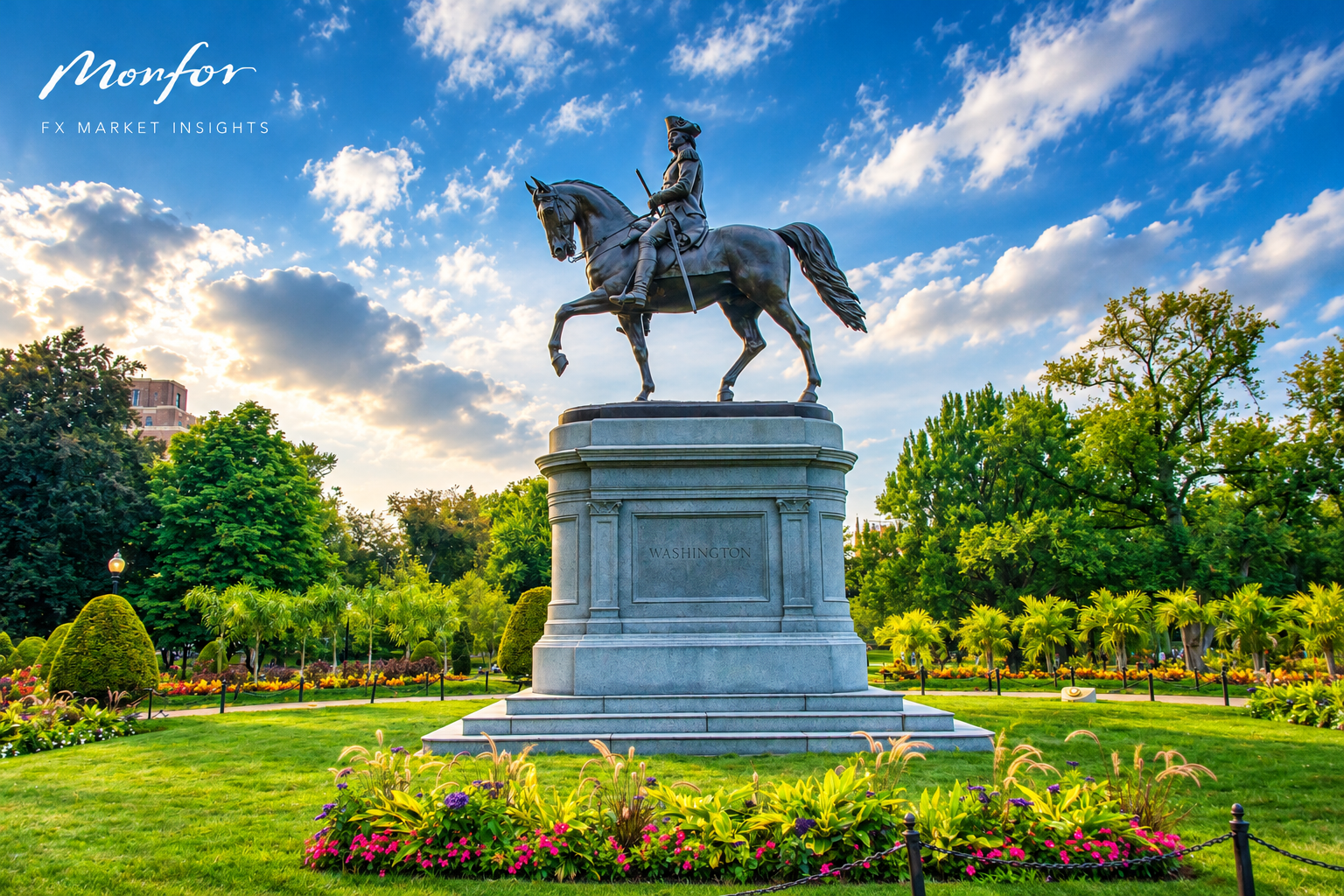 George Washington equestrian statue beneath a dramatic blue sky, featuring Monfor FX Market Insights branding, highlighting the 2026 US midterm elections and their potential impact on the US dollar and global currency markets.