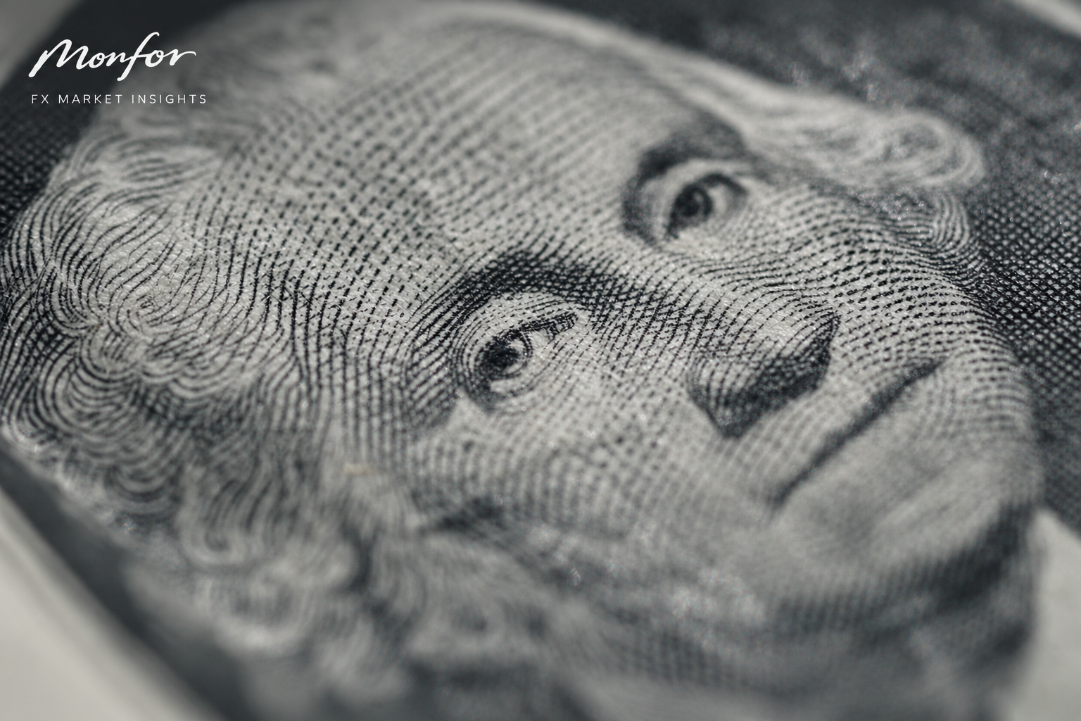 A close-up of a US $100 banknote featuring detailed currency engraving, overlaid with the Monfor FX Market Insights branding. The image represents foreign exchange markets, US dollar movements and global currency analysis.