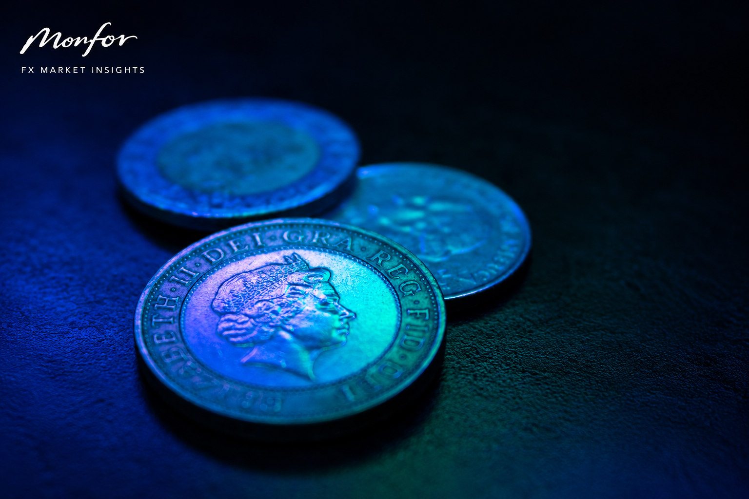 Close-up of British pound coins under blue lighting, representing sterling, UK exchange rates and foreign exchange market movements. Monfor Market Insights provides analysis on GBP, currency markets, central bank policy and global FX trends.