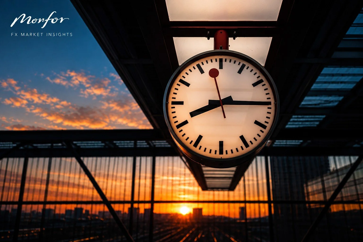A large illuminated station clock overlooking a railway station at sunset, with the white Monfor FX Market Insights logo in the upper-left corner.