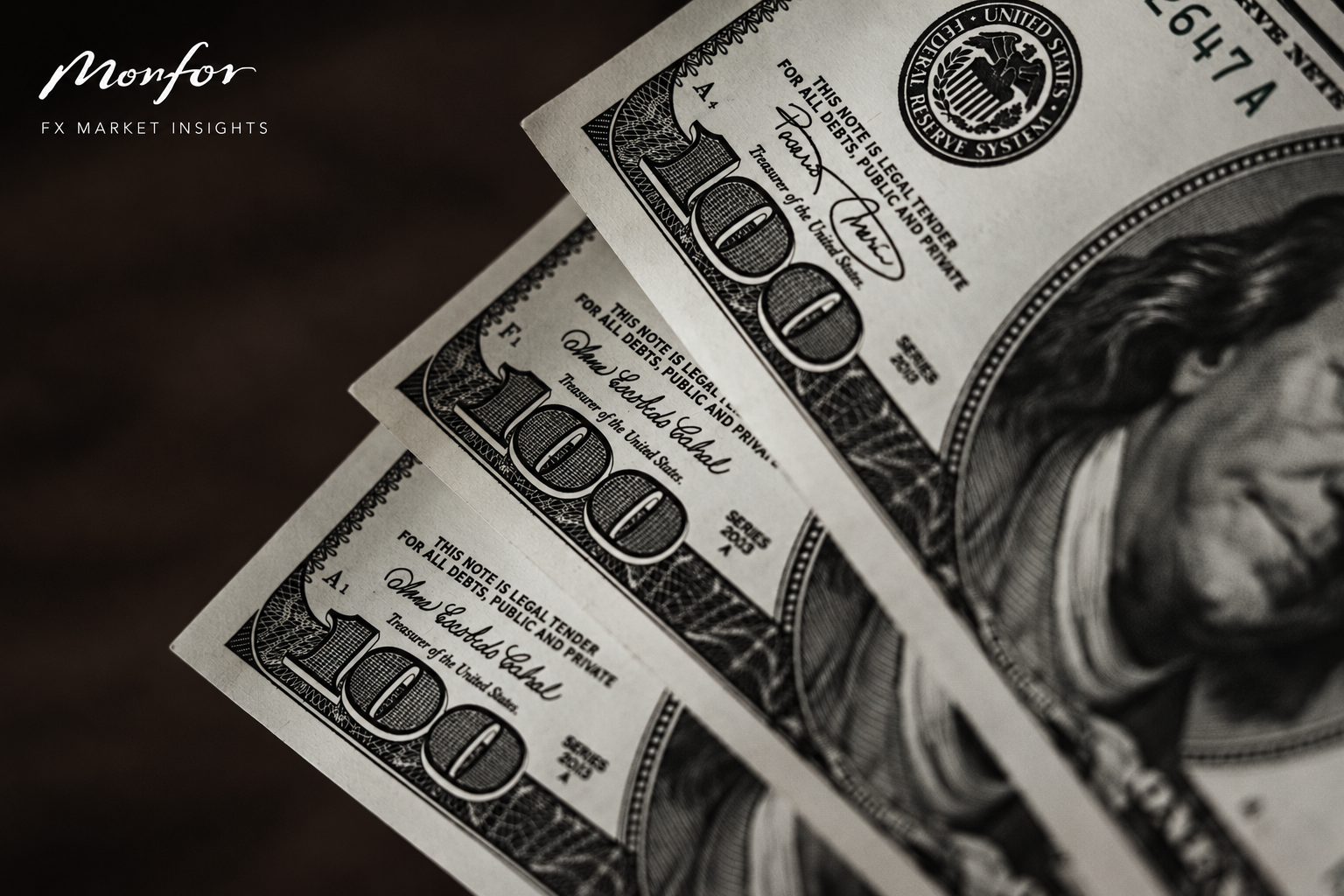 Close-up of US $100 dollar banknotes featuring Monfor FX Market Insights branding, highlighting US dollar movements, foreign exchange rates and global currency market analysis.