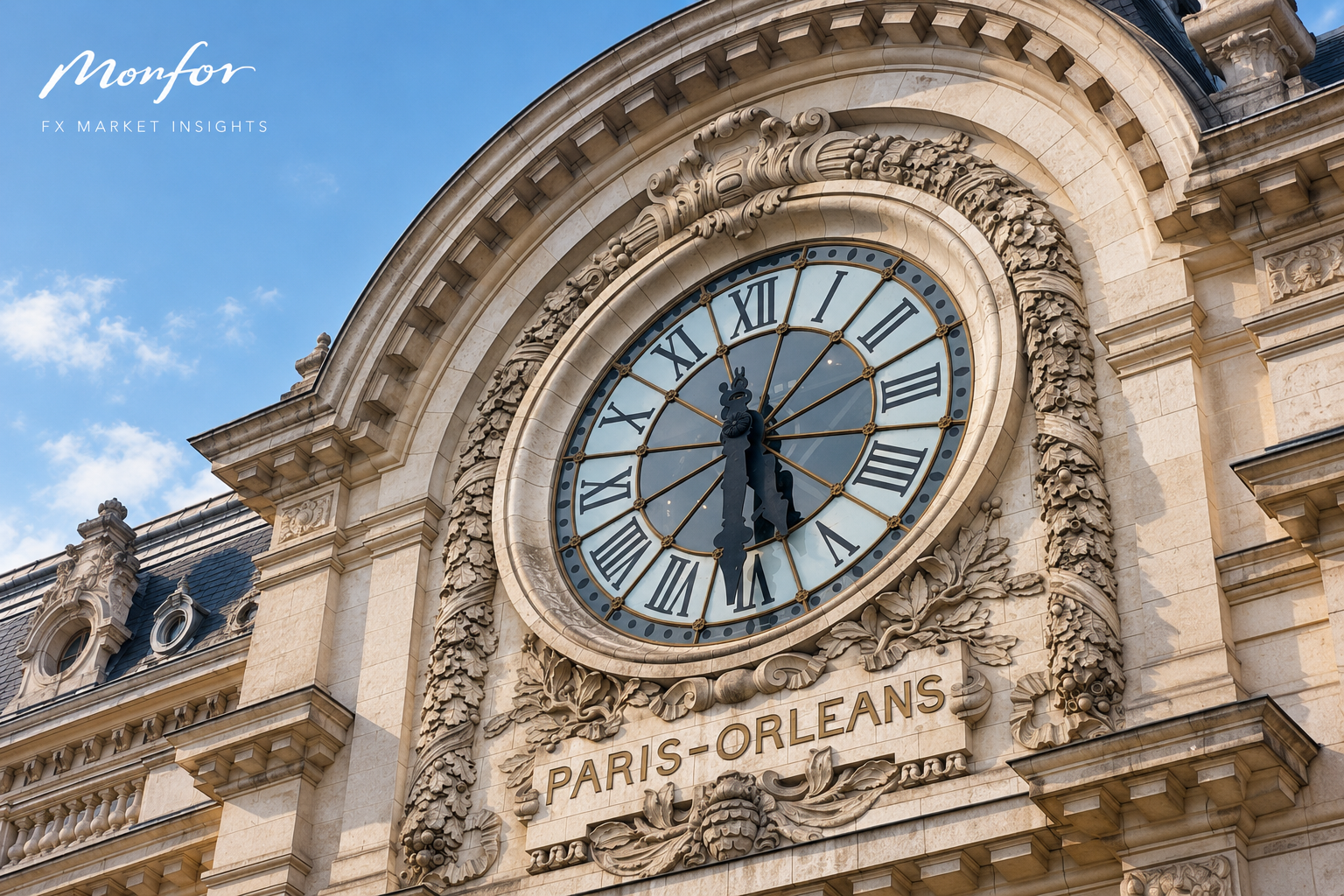 Ornate clock on the historic Paris-Orléans railway station façade in France, featuring intricate stone architecture and the Monfor FX Market Insights logo in the upper-left corner.