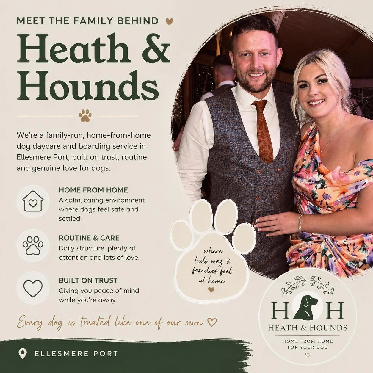 🐾 Meet the family behind Heath &amp; Hounds 🏡

We&rsquo;re a family-run, home-from-home dog daycare and boarding service based in Ellesmere Port.

After years of loving and caring for dogs, we created Heath &amp; Hounds to give owners complete peac