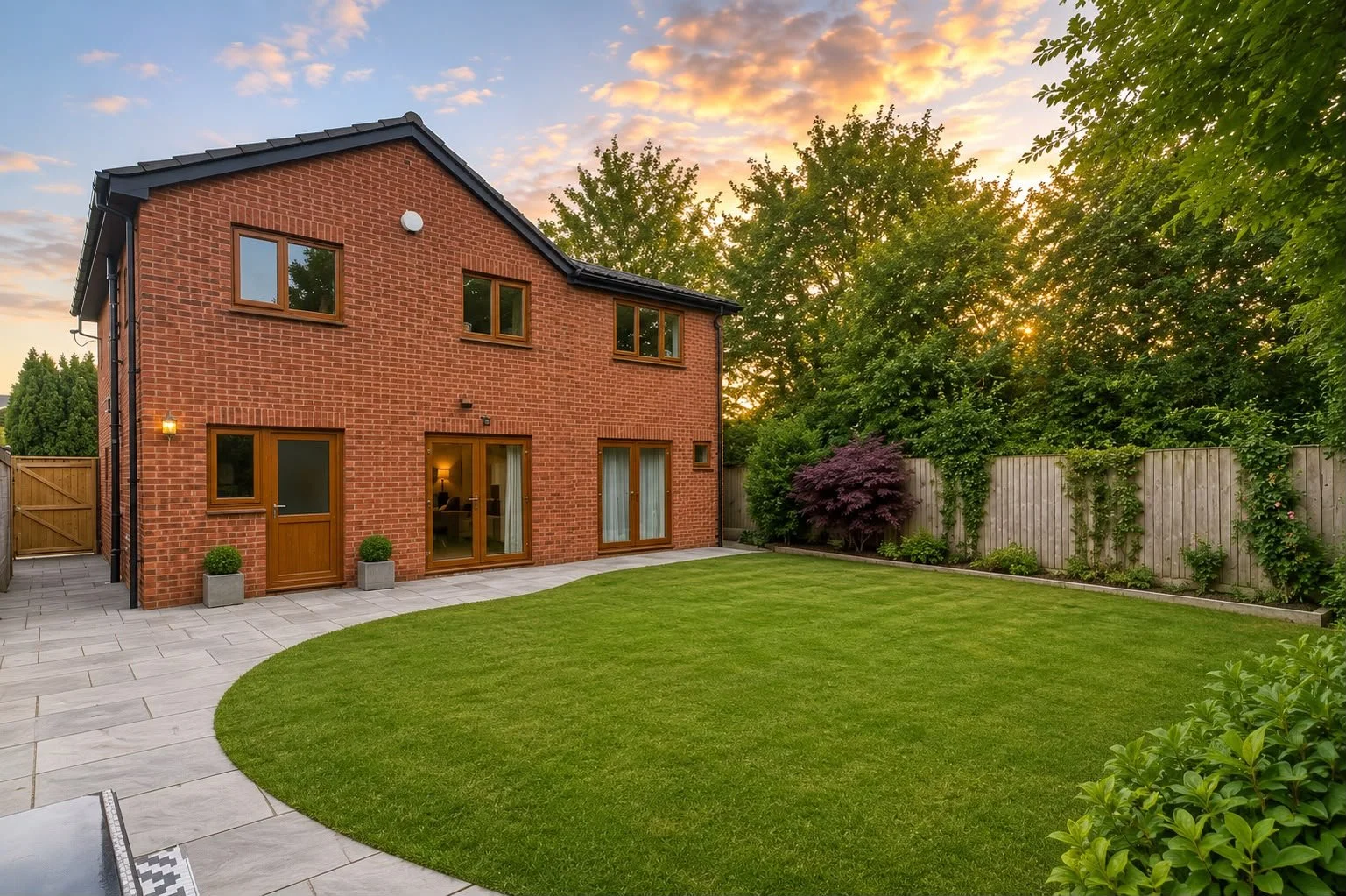 Backyard with green lawn, paved patio area, and a red brick house with large windows and wooden doors. Sun is setting behind trees.