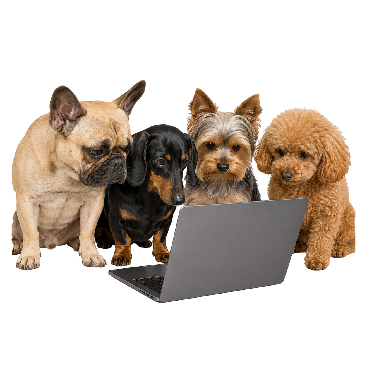 Four dogs of different breeds sitting in front of a laptop computer.