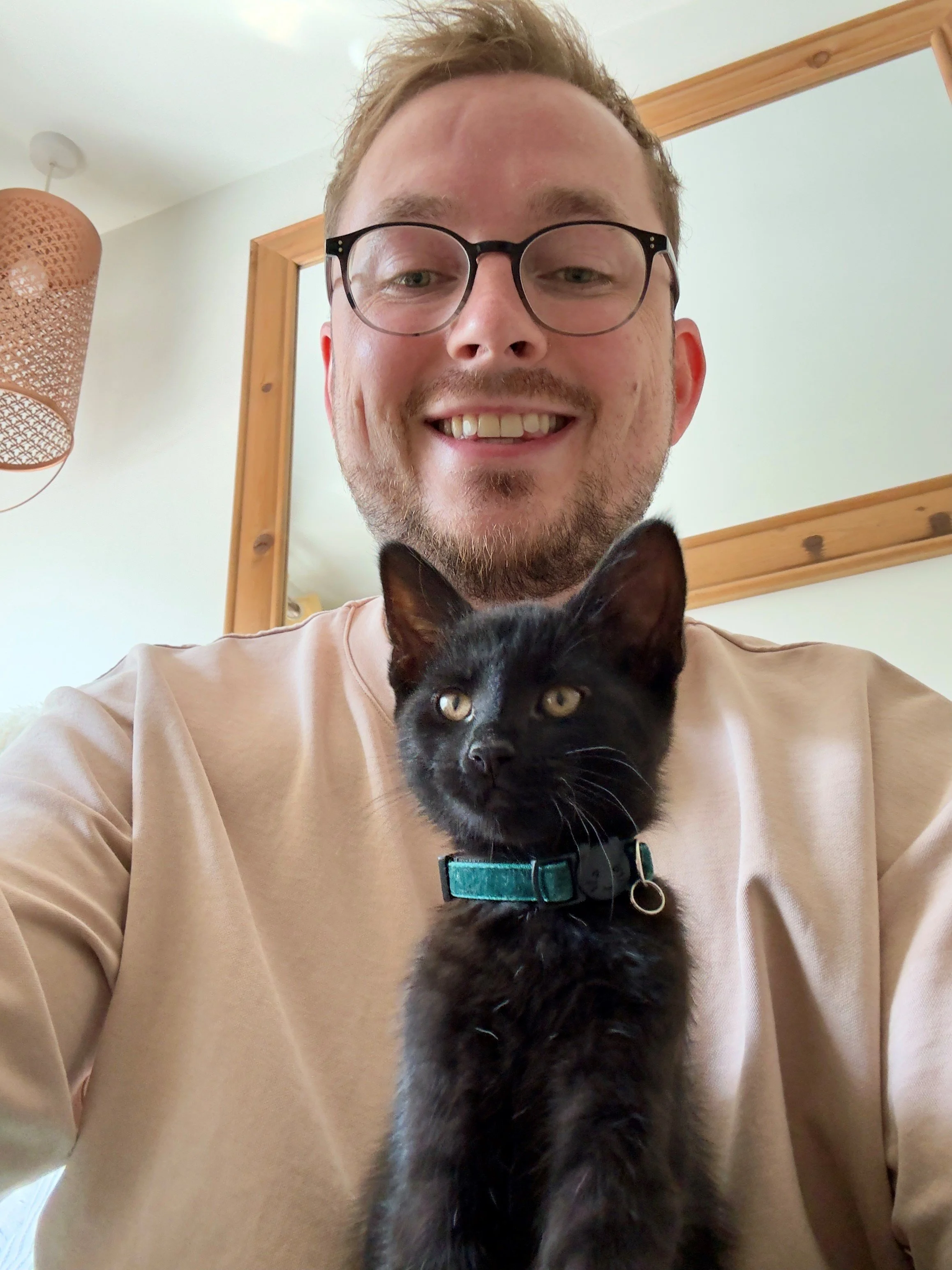 A smiling man wearing glasses holding a black kitten with a teal collar in front of a mirror in a home interior.