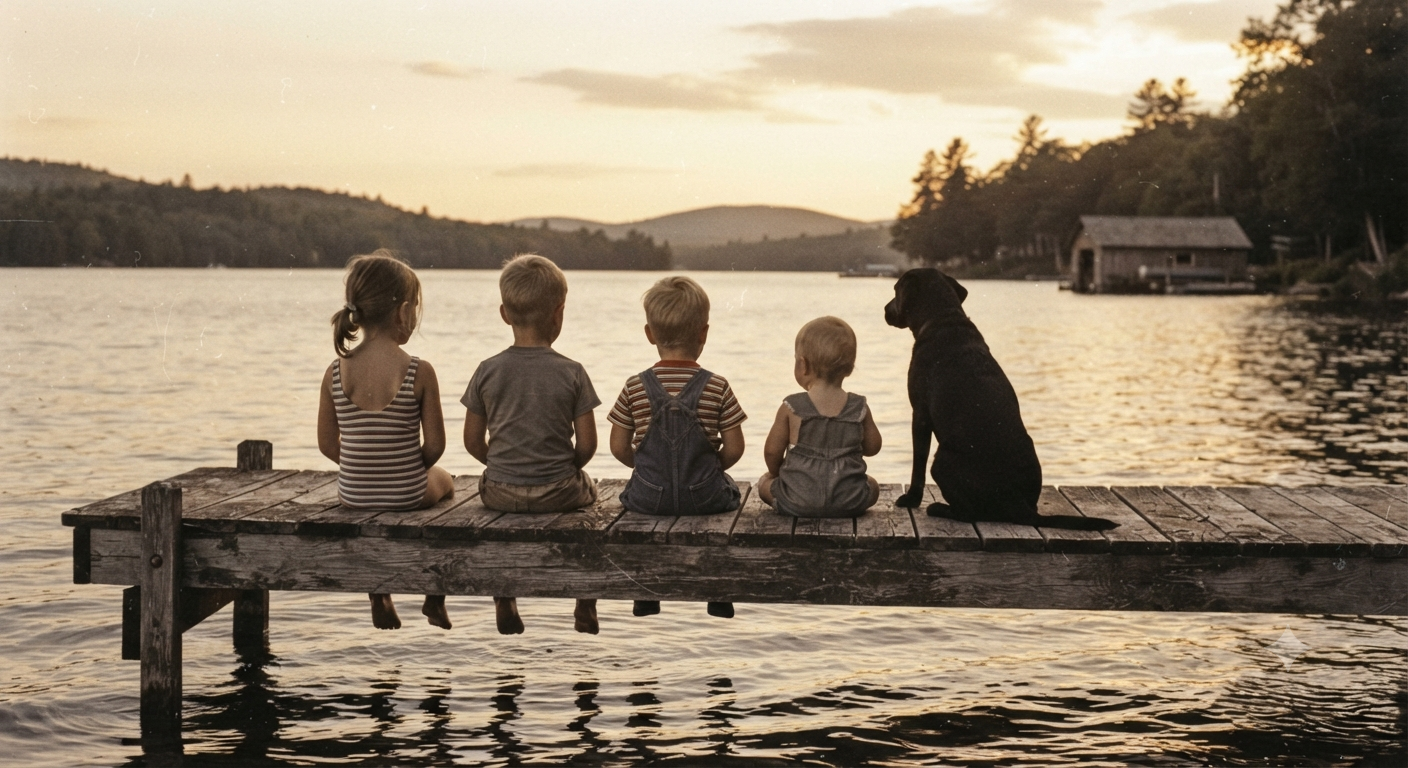 Four children and a dog sitting on a wooden dock at sunset, overlooking a lake with hills in the background.